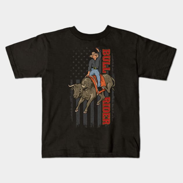 Vintage American Flag Bull Riding Gift Rodeo Bull Rider Kids T-Shirt by Proficient Tees